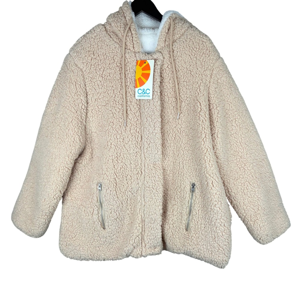 NWT C&C California Faux Fur Teddy Jacket Sherpa‎ 1X Lined Hooded Tan Ivory Cozy